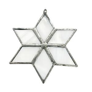 White Silver Stained Glass 6 Point Star Snowflake Ornament Suncatcher 4" CL45